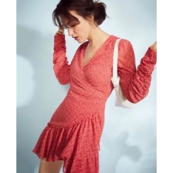 ALLSAINTS Flores Heart Print Wrap Dress Ruched Ruffle Red All Saints X-Small - Picture 6 of 16